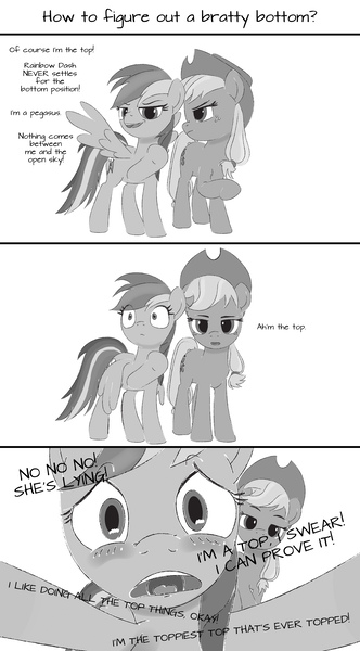 Size: 4167x7537 | Tagged: safe, artist:anonymousandrei, derpibooru import, applejack, rainbow dash, earth pony, pegasus, pony, g4, 3 panel comic, appledash, applejack's hat, blushing, bottom, comic, cowboy hat, denial, derpibooru exclusive, duo, duo female, female, grayscale, hat, image, jpeg, lesbian, mare, monochrome, shipping, simple background, talking to viewer, top, white background