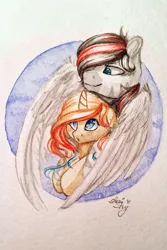 Size: 1255x1877 | Tagged: safe, artist:amishy, derpibooru import, oc, unofficial characters only, pegasus, pony, unicorn, abstract background, blushing, duo, female, horn, hug, hug from behind, image, jpeg, male, mare, oc x oc, shipping, stallion, traditional art, watercolor painting