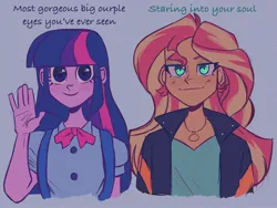 Size: 2048x1536 | Tagged: safe, artist:dreamz, derpibooru import, sunset shimmer, twilight sparkle, equestria girls, g4, backpack, blue background, blue eyes, bowtie, clothes, dress, duo, duo female, ear piercing, earring, female, image, jacket, jewelry, jpeg, leather, leather jacket, meme, necklace, piercing, shirt, simple background, sundress, waving