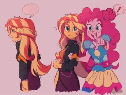 Size: 2048x1536 | Tagged: safe, artist:dreamz, derpibooru import, pinkie pie, sunset shimmer, equestria girls, g4, alternate hairstyle, bracelet, breasts, clothes, denim, dress, duo, duo female, ear piercing, earring, exclamation point, female, image, jacket, jeans, jewelry, jpeg, leather, leather jacket, open mouth, pants, piercing, pointing, shirt, speech bubble