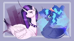 Size: 3212x1800 | Tagged: safe, artist:meteor s, derpibooru import, princess celestia, princess luna, alicorn, pony, 80s princess luna, :d, abstract background, aside glance, collar, duo, duo female, face paint, female, frown, image, looking at you, mare, open mouth, open smile, out of frame, png, punklestia, purple background, royal sisters, siblings, sideways glance, signature, simple background, sisters, smiling, sparkles, spiked collar, stars, upper body, white frame