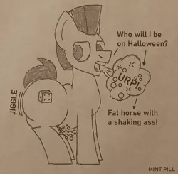 Size: 3283x3219 | Tagged: suggestive, artist:mint pill, derpibooru import, oc, oc:metal dice, unofficial characters only, earth pony, pony, ass, burp, butt, fat, fat ass, image, photo, png, solo