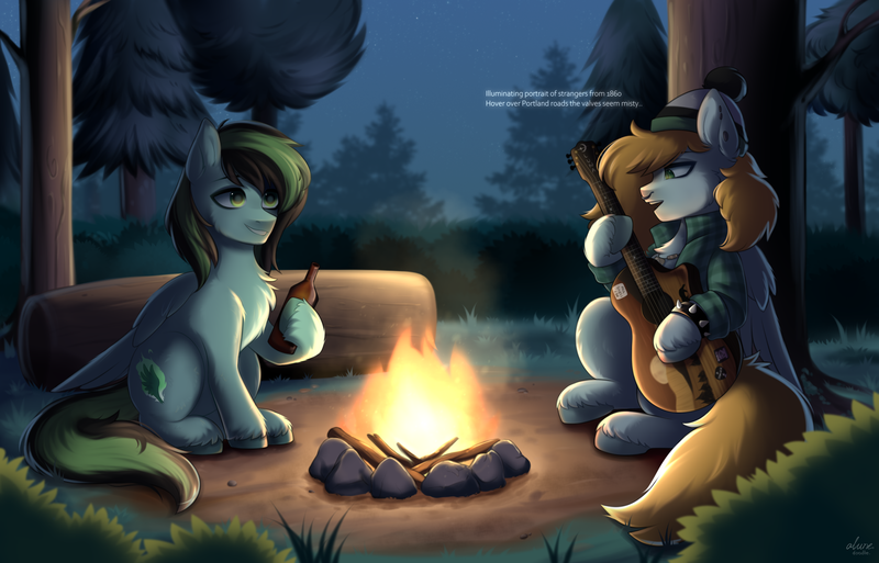 Size: 3120x2000 | Tagged: safe, artist:alunedoodle, derpibooru import, oc, oc:sketchy shades, oc:weo, unofficial characters only, pegasus, pony, beanie, bottle, bracelet, campfire, clothes, duo, forest, guitar, hat, image, jewelry, male, musical instrument, nature, necklace, piercing, plaid shirt, playing guitar, playing instrument, png, shirt, singing, smiling, spiked wristband, tail, tree, two toned mane, two toned tail, wristband