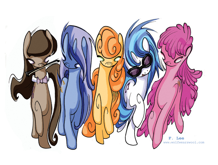 Size: 700x531 | Tagged: safe, artist:fleebites, derpibooru import, berry punch, berryshine, carrot top, golden harvest, minuette, octavia melody, vinyl scratch, earth pony, pony, unicorn, g4, female, horn, image, jpeg, mare, simple background, white background