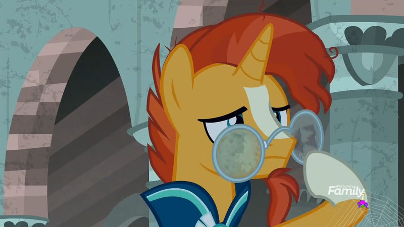 Size: 1280x720 | Tagged: safe, derpibooru import, edit, edited screencap, editor:poniesmeme20, screencap, sunburst, pony, unicorn, g4, season 7, shadow play, discovery family, discovery family logo, frown, glasses, horn, image, jpeg, logo, male, solo, wat