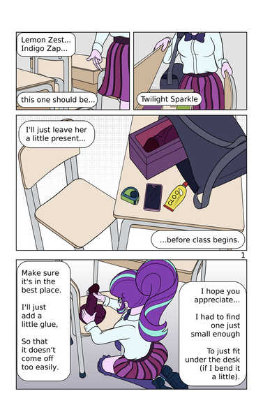 Size: 1732x2756 | Tagged: suggestive, artist:cybersquirrel, derpibooru import, starlight glimmer, human, comic:preparing miss sparkles seat, equestria girls, g4, chair, clothes, comic, commission, desk, dialogue, dildo, glue, image, measuring tape, phone, png, school uniform, sex toy, skirt, speech bubble