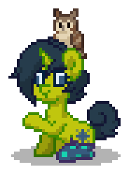 Size: 184x248 | Tagged: safe, derpibooru import, oc, oc:aurora glare, unofficial characters only, bird, owl, pony, unicorn, pony town, g4, blue eyes, blue hair, blue mane, blue tail, chest fluff, cross-eyed, digital art, green coat, horn, image, pixel art, png, raised hoof, simple background, sitting, sock, solo, tail, transparent background, unicorn oc