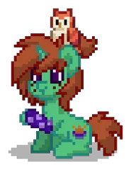 Size: 188x244 | Tagged: safe, derpibooru import, oc, oc:gloaming ray, unofficial characters only, bird, owl, pony, unicorn, pony town, g4, brown hair, brown mane, brown tail, chest fluff, digital art, freckles, green coat, horn, image, male, pixel art, png, ponytail, purple eyes, raised hoof, simple background, sitting, sock, solo, stallion, tail, transparent background, unicorn oc