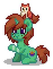 Size: 188x244 | Tagged: safe, derpibooru import, oc, oc:gloaming ray, unofficial characters only, bird, owl, pony, unicorn, pony town, g4, brown hair, brown mane, brown tail, chest fluff, digital art, freckles, green coat, horn, image, leg scar, male, pixel art, png, ponytail, purple eyes, raised hoof, scar, simple background, sitting, solo, stallion, tail, transparent background, unicorn oc