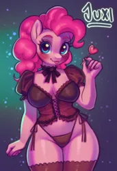 Size: 2053x3000 | Tagged: suggestive, artist:juxi, derpibooru import, pinkie pie, anthro, earth pony, g4, :p, adorasexy, blushing, breasts, candy, cleavage, clothes, commission, curvy, cute, female, food, image, lollipop, looking at you, panties, png, sexy, sexy outfit, socks, solo, solo female, stockings, thigh highs, thong, tongue out, underwear, wide hips, ych example, your character here