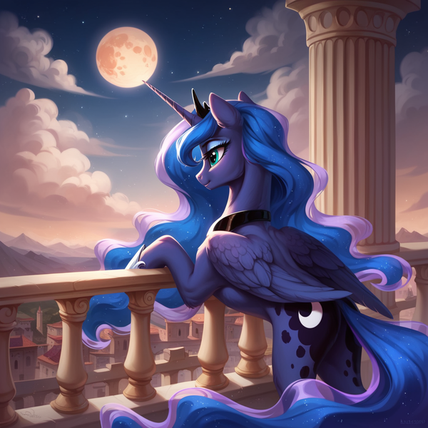 Size: 1248x1248 | Tagged: safe, ai content, anonymous prompter, derpibooru import, machine learning generated, princess luna, alicorn, pony, g4, cloud, ear fluff, feathered wings, female, folded wings, image, mare, moon, mountain, png, railing, solo, wings