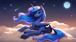 Size: 3200x1792 | Tagged: safe, ai content, anonymous prompter, derpibooru import, machine learning generated, princess luna, alicorn, pony, g4, butt, chest fluff, cloud, ear fluff, female, image, lidded eyes, looking at you, lying down, mare, moon, moonbutt, png, prone, shooting star, solo, stars, underhoof