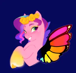 Size: 1410x1351 | Tagged: safe, artist:aztrial, derpibooru import, pipp petals, pegasus, pony, g5, my little pony: make your mark, adorapipp, blue background, blushing, bridlewoodstock (make your mark), butterfly wings, colored wings, cute, dark blue background, female, floral head wreath, flower, grin, image, lidded eyes, mare, multicolored wings, my little pony: make your mark chapter 4, png, rainbow wings, simple background, smiling, solo, unitober 2024, wings