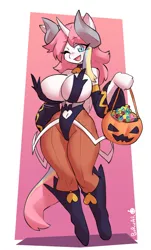 Size: 1449x2400 | Tagged: safe, artist:borvar, derpibooru import, oc, oc:nekonin, alicorn, anthro, arm hooves, big breasts, boots, breasts, busty boy, clothes, collar, cosplay, costume, demon horns, disgaea, halloween, halloween costume, holiday, hoof hands, horns, image, intersex, jpeg, leotard, male, one eye closed, pantyhose, priere, pumpkin bucket, shoes, wide hips, wink