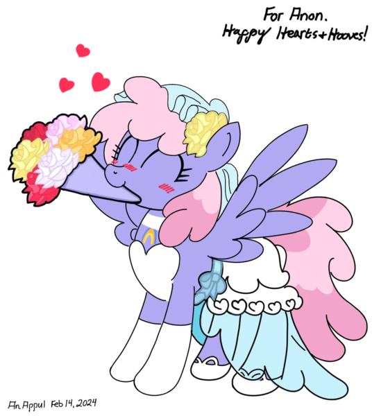 Size: 906x1014 | Tagged: safe, artist:an appul, derpibooru import, rainbowshine, pegasus, pony, g4, blushing, bouquet, clothes, dress, female, flower, flower in hair, heart, image, mare, mouth hold, png, simple background, solo, transparent background, wedding dress