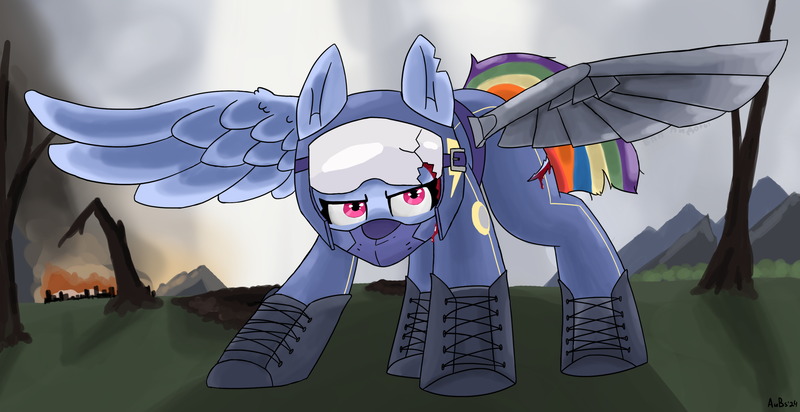 Size: 3000x1546 | Tagged: semi-grimdark, artist:aubs, derpibooru import, rainbow dash, pegasus, pony, g4, alternate timeline, apocalypse dash, blood, crystal war timeline, image, newbie artist training grounds, png, solo, sombraverse