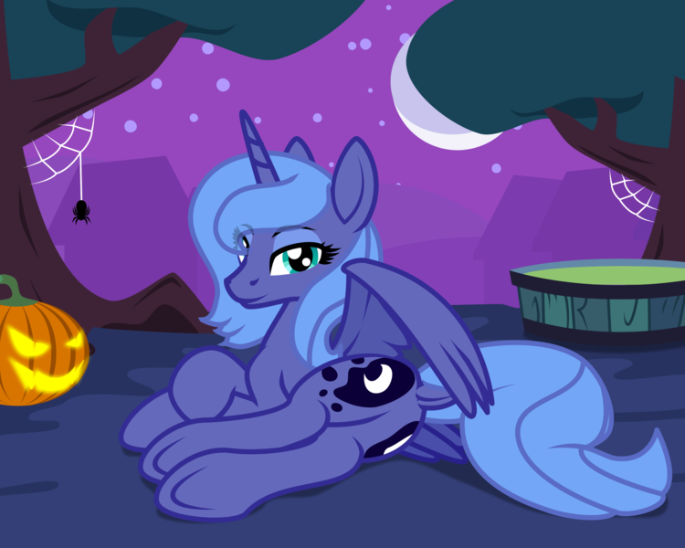 Size: 2500x2000 | Tagged: safe, artist:zeka10000, derpibooru import, princess luna, alicorn, pony, spider, both cutie marks, butt, dock, female, halloween, high res, holiday, image, jack-o-lantern, looking at you, lying down, mare, mlp fim's fourteenth anniversary, moon, night, night sky, nightmare night, png, ponyville, pumpkin, s1 luna, scenery, side, sky, spider web, spread wings, stars, tail, tree, underhoof, vector, wings