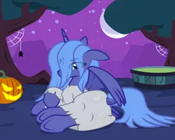 Size: 2500x2000 | Tagged: safe, alternate version, artist:zeka10000, derpibooru import, princess luna, alicorn, pony, spider, both cutie marks, butt, clothes, cosplay, costume, dock, eye clipping through hair, female, halloween, halloween costume, high res, holiday, image, jack-o-lantern, looking at you, lying down, mare, mlp fim's fourteenth anniversary, moon, night, night sky, nightmare night, png, ponyville, pumpkin, s1 luna, sadako, samara, samara morgan, scenery, side, sky, spider web, spread wings, stars, tail, tree, underhoof, vector, wings