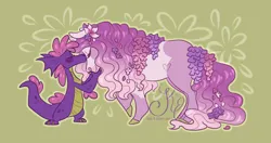 Size: 2378x1256 | Tagged: safe, artist:k-eilonwy, derpibooru import, master kenbroath gilspotten heathspike, wysteria, dragon, earth pony, pony, g3, flower, flower in hair, image, jpeg, kissing