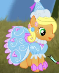 Size: 318x393 | Tagged: safe, derpibooru import, applejack, earth pony, pony, bow, clothes, cute, dress, dressup, ear piercing, flower, flower in hair, froufrou glittery lacy outfit, gameloft, hat, hennin, image, jackabetes, jewelry, necklace, piercing, png, princess, princess applejack