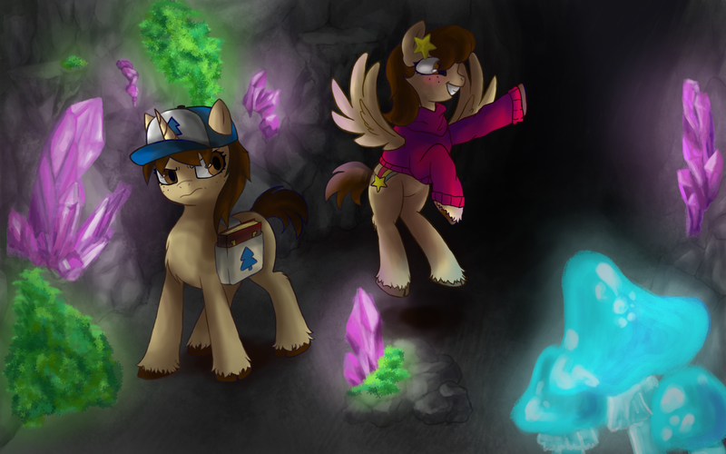 Size: 1729x1080 | Tagged: safe, artist:flower9898, derpibooru import, ponified, pegasus, pony, unicorn, bag, bioluminescent, book, brother and sister, cap, cave, clothes, colt, crossover, crystal, digital art, dipper pines, duo, duo male and female, exploring, female, filly, flying, foal, freckles, frown, gravity falls, grin, hat, headband, horn, image, mabel pines, male, moss, mushroom, mystery twins, png, raised hoof, saddle bag, siblings, smiling, spread wings, sweater, twins, unshorn fetlocks, wings