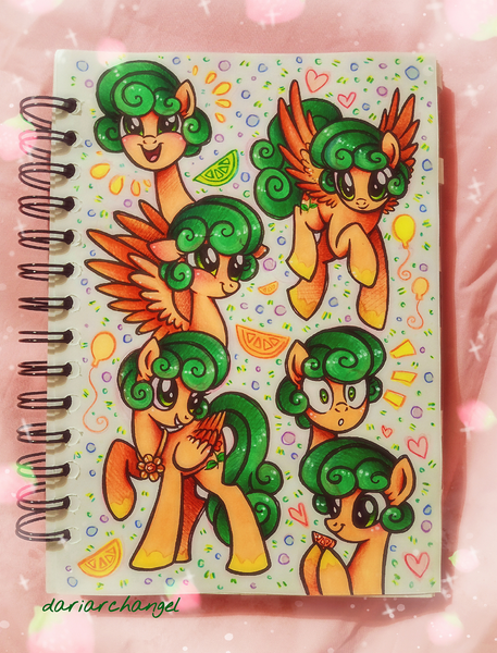 Size: 2244x2944 | Tagged: safe, artist:dariarchangel, derpibooru import, part of a set, oc, unofficial characters only, pegasus, pony, g4, adorable face, balloon, coat markings, commission, curly hair, curly mane, curly tail, cute, cute face, cute smile, doodle page, female, female oc, floppy ears, flower, flying, folded wings, food, green eyes, green hair, green mane, green tail, happy, image, jewelry, looking up, mare, necklace, ocbetes, open mouth, open smile, orange, orange coat, pegasus oc, photo, png, pony oc, raised hoof, short hair, short mane, sketch, sketch dump, sketchbook, smiling, solo, spread arms, standing on three hooves, surprised, surprised face, tail, traditional art, wings