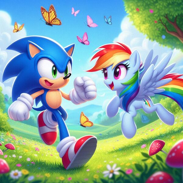 Size: 1024x1024 | Tagged: safe, ai content, derpibooru import, machine learning generated, prompter:bluey2309, rainbow dash, butterfly, hedgehog, insect, pegasus, g4, female, image, jpeg, male, nature, outdoors, sonic the hedgehog, sonic the hedgehog (series)