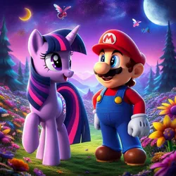 Size: 1024x1024 | Tagged: safe, ai content, derpibooru import, machine learning generated, prompter:bluey2309, twilight sparkle, human, insect, moth, unicorn, g4, female, horn, image, jpeg, male, mario, nature, nintendo, outdoors, super mario bros., unicorn twilight