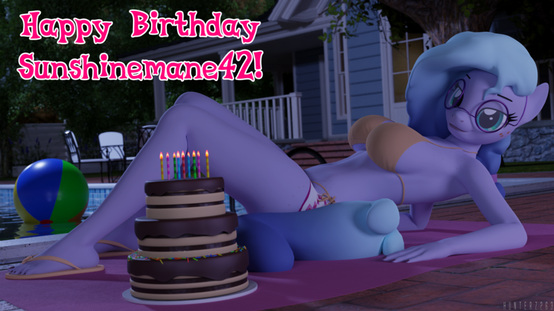 Size: 5760x3240 | Tagged: suggestive, alternate version, artist:hunterz263, derpibooru import, oc, oc:asterberry, unofficial characters only, anthro, plantigrade anthro, 3d, 5k, ball, bikini, bikini bottoms, bikini top, birthday, blender, breasts, cake, clothes, feet, female, flip flops, food, glasses, house, image, looking at you, nexgen, night, not sfm, png, sandals, shoes, solo, solo female, source filmmaker, swimming pool, swimsuit, text, towel