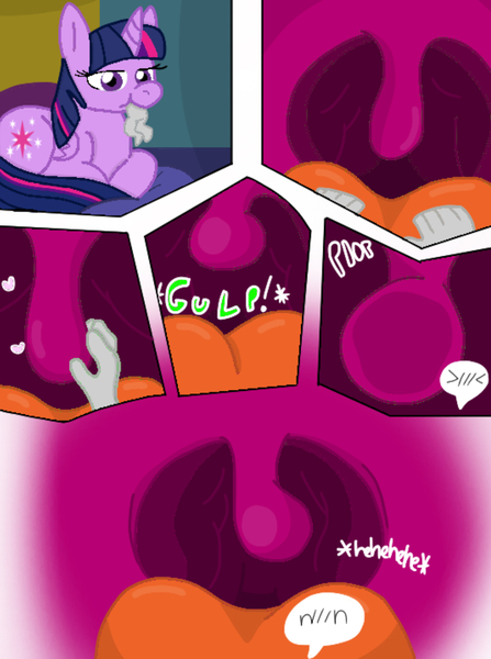 Size: 988x1325 | Tagged: suggestive, artist:bighungrykitten, artist:cooperthedoodlian, color edit, derpibooru import, edit, twilight sparkle, twilight sparkle (alicorn), oc, oc:anon, alicorn, human, pony, g4, colored, comic, female, giantess, image, inside mouth, jpeg, macro, mare, mouth, throat, tongue out, twipred, uvula, vore