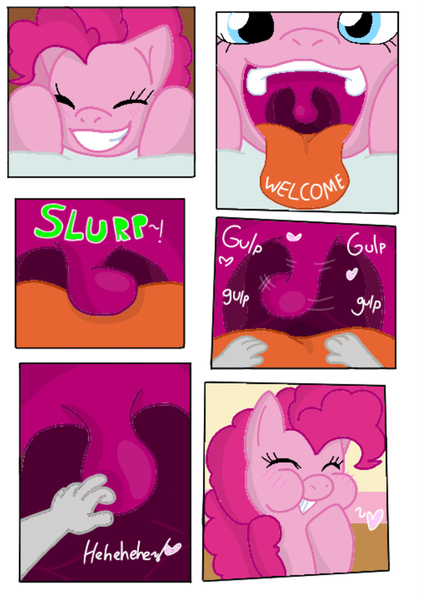 Size: 905x1289 | Tagged: suggestive, artist:bighungrykitten, artist:cooperthedoodlian, color edit, derpibooru import, edit, pinkie pie, oc, oc:anon, earth pony, human, pony, colored, cute, diapinkes, female, giggling, gulp, happy, image, jpeg, mare, maw, mawplay, mawshot, mouth, open mouth, pinkie pred, throat, throat bulge, tongue out, touching, uvula, vore