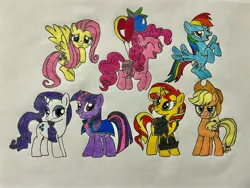 Size: 4032x3024 | Tagged: safe, artist:tfpandora, derpibooru import, applejack, fluttershy, pinkie pie, rainbow dash, rarity, sunset shimmer, twilight sparkle, earth pony, pegasus, pony, unicorn, g4, fanart, horn, image, jpeg, mane six