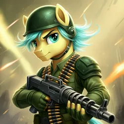 Size: 1024x1024 | Tagged: safe, ai content, derpibooru import, generator:google imagen 3.0, machine learning generated, prompter:zerowinger, sandbar, anthro, earth pony, series:g.i. pony: a real equestrian hero, g4, ammunition belt, clothes, cosplay, costume, fingerless gloves, g.i. joe, gloves, gradient background, gun, helmet, image, jpeg, machine gun, male, military uniform, rock 'n roll, solo, uniform, weapon