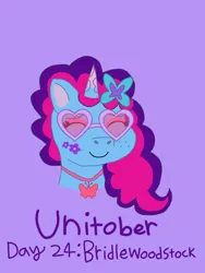 Size: 1080x1440 | Tagged: safe, artist:shucku, derpibooru import, pony, unicorn, g5, alternate hair color, bridlewoodstock, eyeshadow, face paint, female, flower, flower in hair, glasses, horn, image, jewelry, makeup, mare, misty brightdawn, necklace, png, simple background, solo, sunglasses, unitober 2024