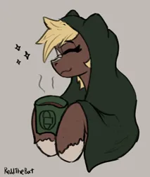 Size: 964x1134 | Tagged: safe, artist:reddthebat, derpibooru import, ponified, ponified:sgt. reckless, earth pony, pony, blanket, bundled up, bust, coffee, cute, drink, eyes closed, female, gray background, hoof hold, image, jpeg, mare, mug, signature, simple background, smiling, solo, unshorn fetlocks