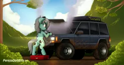 Size: 4096x2160 | Tagged: safe, artist:perezadotarts, ponerpics import, oc, unofficial characters only, pony, female, image, jeep cherokee, jpeg, mare, mud, nature, oil, solo, wrench