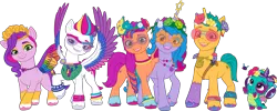 Size: 10169x4072 | Tagged: safe, derpibooru import, official, hitch trailblazer, izzy moonbow, pipp petals, sparky sparkeroni, sunny starscout, zipp storm, dragon, earth pony, pegasus, pony, unicorn, g5, my little pony: make your mark, bridlewoodstock, bridlewoodstock (make your mark), female, g5 brand assets, horn, image, male, mane five, mare, my little pony: make your mark chapter 4, png, royal sisters (g5), siblings, simple background, sisters, stallion, transparent background