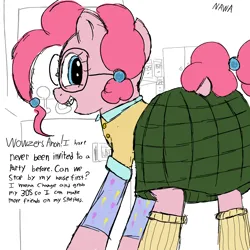 Size: 2000x2000 | Tagged: safe, artist:notawriteranon, derpibooru import, pinkie pie, earth pony, pony, arcade, clothes, glasses, image, implied anon, nerd, png, socks