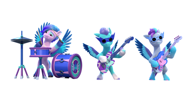 Size: 12598x7086 | Tagged: safe, derpibooru import, official, pegasus, pony, g5, my little pony: make your mark, absurd file size, arpeggia, bridlewoodstock, bridlewoodstock (make your mark), electric blue (g5), fretlock, g5 brand assets, image, jam donut, my little pony: make your mark chapter 4, png, simple background, transparent background, trio