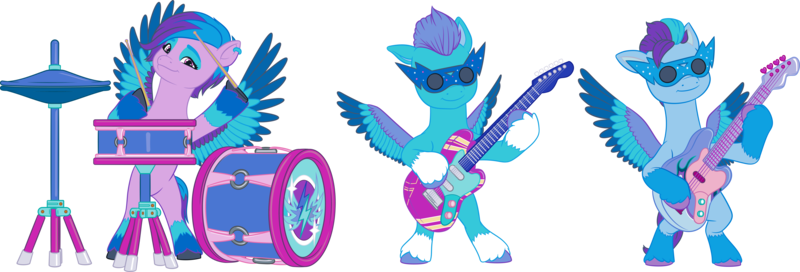 Size: 13030x4437 | Tagged: safe, derpibooru import, official, pegasus, pony, g5, my little pony: make your mark, arpeggia, bipedal, bridlewoodstock, bridlewoodstock (make your mark), drums, electric blue (g5), fretlock, g5 brand assets, guitar, image, jam donut, male, musical instrument, my little pony: make your mark chapter 4, png, simple background, stallion, transparent background, trio