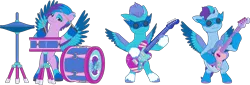 Size: 13030x4437 | Tagged: safe, derpibooru import, official, pegasus, pony, g5, my little pony: make your mark, arpeggia, bipedal, bridlewoodstock, bridlewoodstock (make your mark), drums, electric blue (g5), fretlock, g5 brand assets, guitar, image, jam donut, male, musical instrument, my little pony: make your mark chapter 4, png, simple background, stallion, transparent background, trio