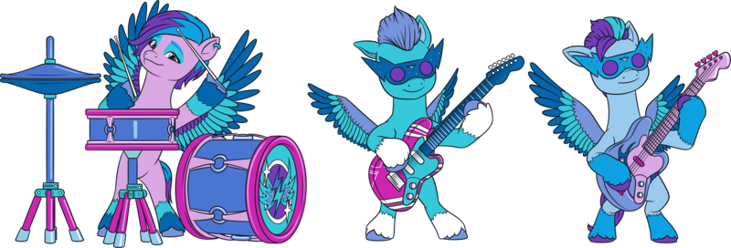 Size: 13030x4437 | Tagged: safe, derpibooru import, official, pegasus, pony, g5, my little pony: make your mark, arpeggia, bipedal, bridlewoodstock, bridlewoodstock (make your mark), drums, electric blue (g5), fretlock, g5 brand assets, guitar, image, jam donut, male, musical instrument, my little pony: make your mark chapter 4, png, simple background, stallion, transparent background, trio