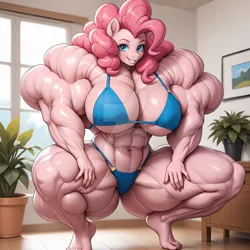 Size: 1920x1920 | Tagged: suggestive, ai content, derpibooru import, machine learning generated, prompter:kiyoshj2810, pinkie pie, anthro, earth pony, plantigrade anthro, pony, g4, abs, biceps, big breasts, blue bikini, bodybuilder, breasts, busty pinkie pie, deltoids, female, image, indoors, jpeg, looking at you, mare, muscles, muscular female, obtrusive watermark, overdeveloped muscles, pecs, pinkie pump, solo, solo female, thighs, thunder thighs, triceps, watermark