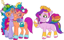 Size: 6007x3764 | Tagged: safe, derpibooru import, official, izzy moonbow, pipp petals, sunny starscout, earth pony, pegasus, pony, unicorn, g5, my little pony: make your mark, bridlewoodstock, bridlewoodstock (make your mark), female, g5 brand assets, height difference, horn, image, mare, my little pony: make your mark chapter 4, physique difference, png, simple background, slender, thin, transparent background, trio, trio female