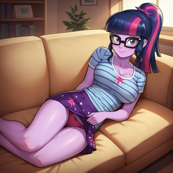 Size: 1536x1536 | Tagged: suggestive, ai content, derpibooru import, machine learning generated, prompter:funnyglow144, stable diffusion, sci-twi, twilight sparkle, human, equestria girls, g4, bedroom eyes, belly, big breasts, blushing, bow, bow panties, bow underwear, breasts, clothes, couch, equestria girls outfit, female, fetish, frills, frilly panties, frilly underwear, generator:pony diffusion v6 xl, image, indoors, looking at you, nudity, panties, panty fetish, panty shot, png, red panties, red underwear, sexy, shirt, skirt, skirt pull, solo, solo female, spread legs, spreading, t-shirt, underwear, upskirt