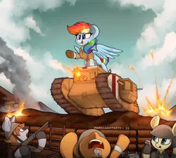 Size: 2048x1838 | Tagged: safe, artist:perezadotarts, ponerpics import, rainbow dash, oc, unofficial characters only, pony, boots, clothes, female, fire, gun, helmet, image, jpeg, mare, shoes, solo, tank (vehicle), war, weapon