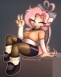 Size: 1631x2048 | Tagged: safe, artist:perezadotarts, ponerpics import, oc, unofficial characters only, anthro, breasts, clothes, eyes closed, image, jpeg, shoes, sitting, socks, solo, tongue out