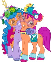 Size: 3128x3820 | Tagged: safe, derpibooru import, official, izzy moonbow, sunny starscout, earth pony, pony, unicorn, g5, my little pony: make your mark, bridlewoodstock, bridlewoodstock (make your mark), duo, duo female, female, g5 brand assets, horn, image, mare, my little pony: make your mark chapter 4, png, simple background, transparent background