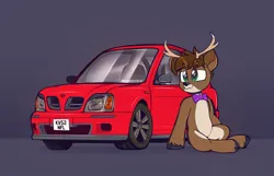 Size: 2048x1317 | Tagged: safe, artist:perezadotarts, ponerpics import, oc, unofficial characters only, deer, deer pony, original species, pony, bowtie, car, female, image, jpeg, mare, nissan, nissan pulsar, sitting, solo