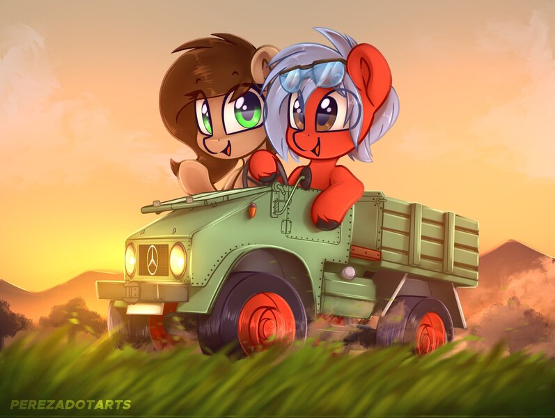 Size: 2048x1542 | Tagged: safe, artist:perezadotarts, ponerpics import, oc, unofficial characters only, pony, driving, duo, duo female, female, grass, happy, image, jpeg, looking at you, mare, mercedes-benz, open mouth, sunset, truck, wave